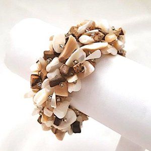 Elastic Bracelet (br10) Handmade Natural Beige Brown Mother of Pearl Shell 7"-8"